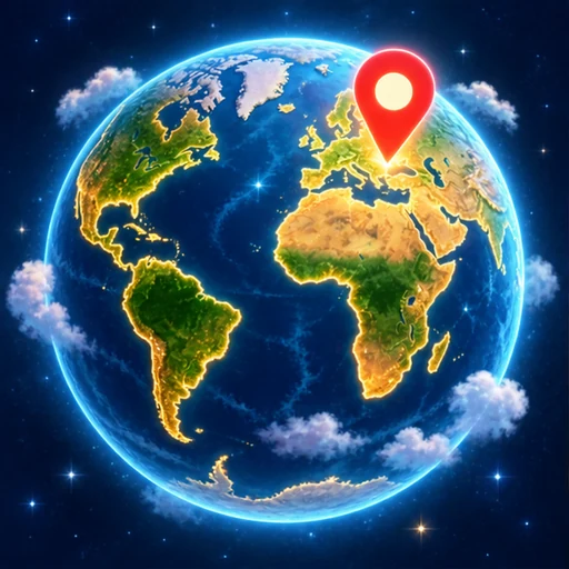 A glowing globe with a location marker